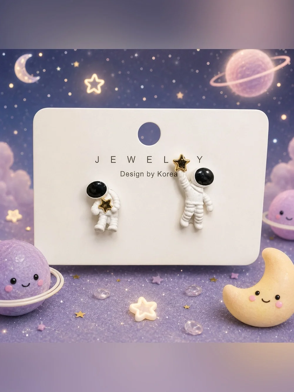 Cute White Astronaut Reaching for the Stars Mismatched Stud Earrings